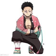 an anime character sitting on the ground with his arms crossed and one hand in his pockets