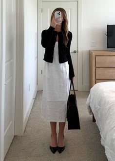 Follow me on LTK https://www.shopltk.com/explore/WhitneyGrett White Dress Cardigan, White Dress Black Cardigan, Black Cardigan Outfit, Cardigan Outfits, Dress With Cardigan, Fall Outfits, Ootd, White Dress, Going Out