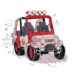 a drawing of a jeep driving down the road