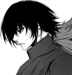 a black and white drawing of a man with short hair wearing a jacket looking to the side