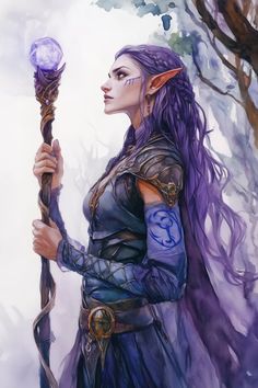 a painting of a woman with purple hair holding a staff