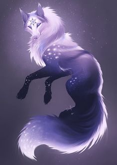 a drawing of a white fox with blue eyes and tail sitting on its hind legs