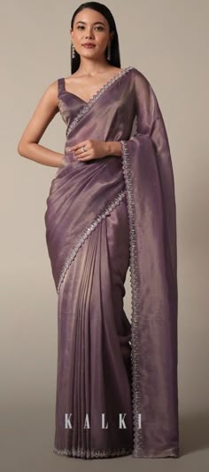 Traditional Saree With Mirror Work For Reception, Elegant Saree With Mirror Work For Celebration, Purple Fancy Saree, Purple Saree With Traditional Drape, Kalki Saree Designs, Luxury Purple Saree With Mirror Work, Traditional Purple Sari Design, Purple Sari Aesthetic, Saree Styles For Farewell