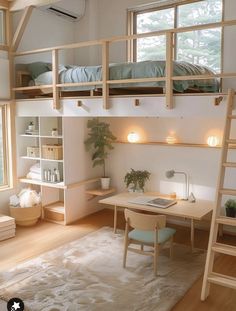 a loft bed with desk and ladder in the middle of it, next to a window