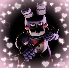 a cartoon character holding a stick with hearts in the background