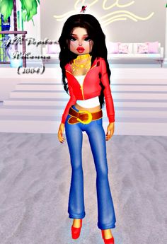 a woman standing in front of a building wearing blue jeans and a red top with gold accents