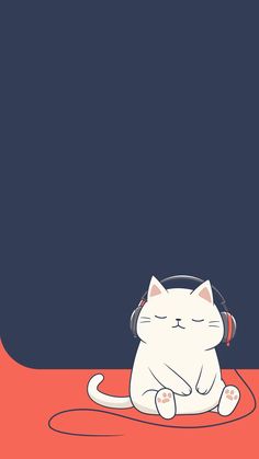 a white cat with headphones sitting on top of a red floor in front of a black background