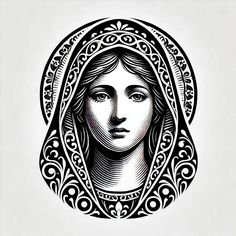 a black and white drawing of a woman's face in an ornate frame on a wall