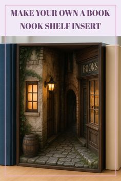 A detailed book nook shelf insert. This image shows how to build unique decorative pieces for your bookshelf. It offers inspiration for creating your own tiny room inside your books.