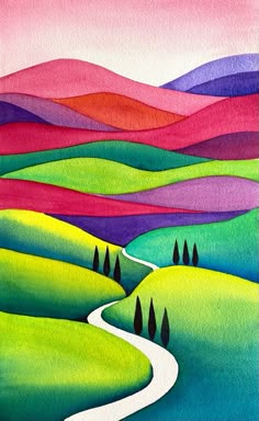 a painting of a colorful landscape with hills and trees