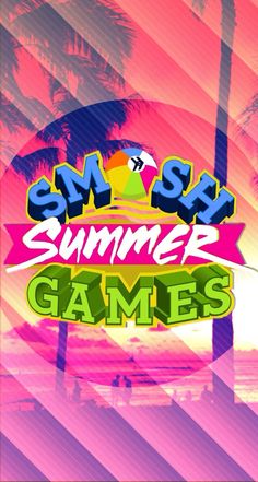 the title for smosh summer games, with palm trees and sunset in the background