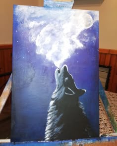 a painting of a wolf looking up at the moon