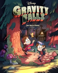 the poster for gravity falls, featuring two people in front of a forest with trees