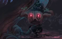 a cartoon character standing in front of a tree with red eyes and an evil look on his face