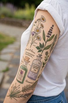 a woman with a tattoo on her arm has herbs and medicine bottles tattooed on it