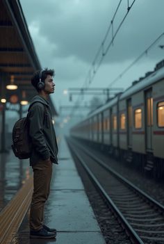 a man with headphones standing in front of a train at a station on a rainy day