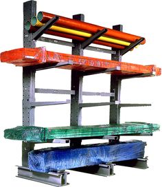 a rack with several different colored objects on it's sides and one orange object in the middle
