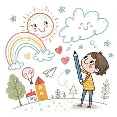 Doodle & Naive Illustrations - best designs Daycare Drawings, Kids Imagination Drawing, Kids Drawing Wallpaper, Kids Doodle Art, Child Artwork, Children Artwork, Draw Kids, Education Doodle Art, Educational Doodle Art Design