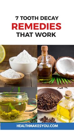 This pin explores seven effective remedies for tooth decay. It mentions green tea for its antioxidant properties, whitening toothpaste for stain removal, coconut oil for oil pulling, and chewing gum to stimulate saliva. There are four images referenced in this pin.