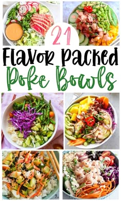 four pictures of different types of salads with the words 24 flavored poke bowls