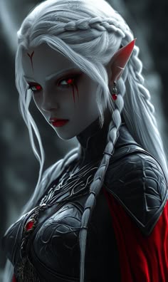 a woman with white hair and red eyes is dressed up as the queen of darkness