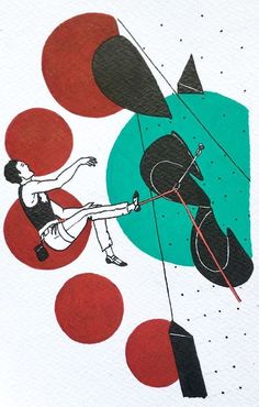 a drawing of a person on a surfboard in front of an abstract background with circles and dots