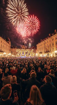 fireworks are lit up in the night sky over a large group of people and buildings