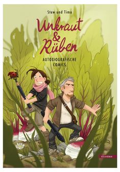 an illustrated book with two people in the grass and one is holding a red umbrella