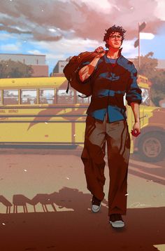 a man walking down the street in front of a school bus