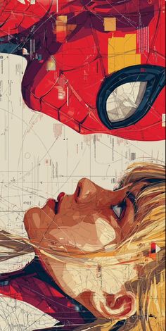 a woman's face is shown in front of a spider - man poster