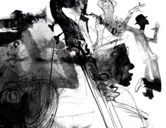 black and white drawing of people with hats