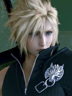 an animated image of a person with blonde hair and blue eyes, wearing a black outfit