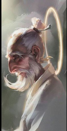 an old man with white hair and a beard wearing a ring around his neck is staring into the distance