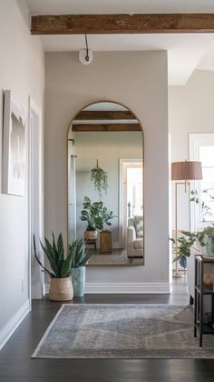 a living room with a large mirror and potted plants