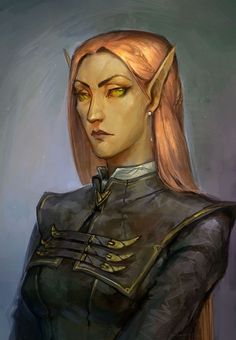 a painting of a woman with long blonde hair and green eyes wearing a black outfit