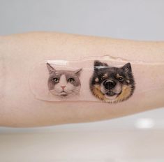 two cats and a dog stickers on the left arm, both showing their faces