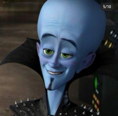 an animated blue man with green eyes wearing black leather jacket and spikes on his head