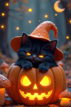 A chubby black cat wearing a tiny witch hat sleeps curled inside a glowing carved pumpkin, surrounded by floating autumn leaves and glowing mushrooms. The artwork has a cozy Halloween and fall aesthetic with whimsical, magical details.