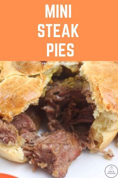 a close up of food on a plate with the words mini steak pies above it