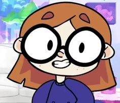 a cartoon girl with glasses on her face looking at the camera while standing in front of a couch