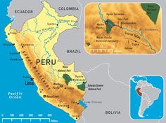 a map of peru showing the location of its major cities and rivers, along with other countries