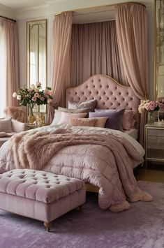 a luxurious bedroom with pink bedding and pillows
