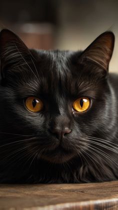 a black cat with yellow eyes laying on top of a wooden table looking at the camera