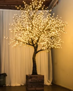 a lighted tree in a wooden crate on the floor next to a curtained window