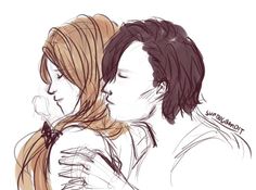 a drawing of two people with their faces close to each other, one holding the other's head