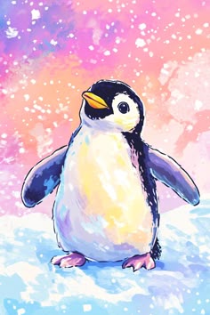 a painting of a penguin standing in the snow