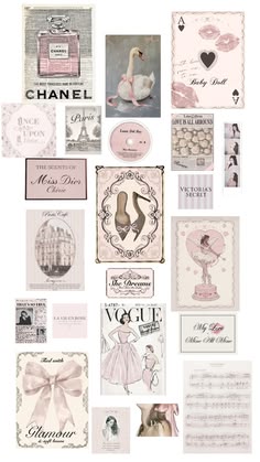 a bunch of cards with some pictures on them, including swans and other things in pink
