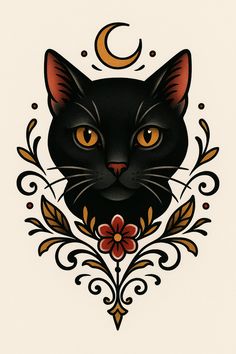 a black cat with orange eyes and a crescent