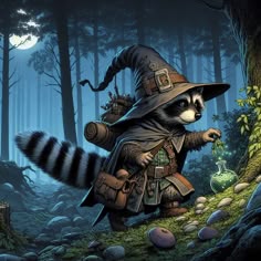 a painting of a raccoon dressed as a wizard in the woods with a lantern