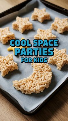 some rice krispy treats are on a baking sheet with the words cool space parties for kids